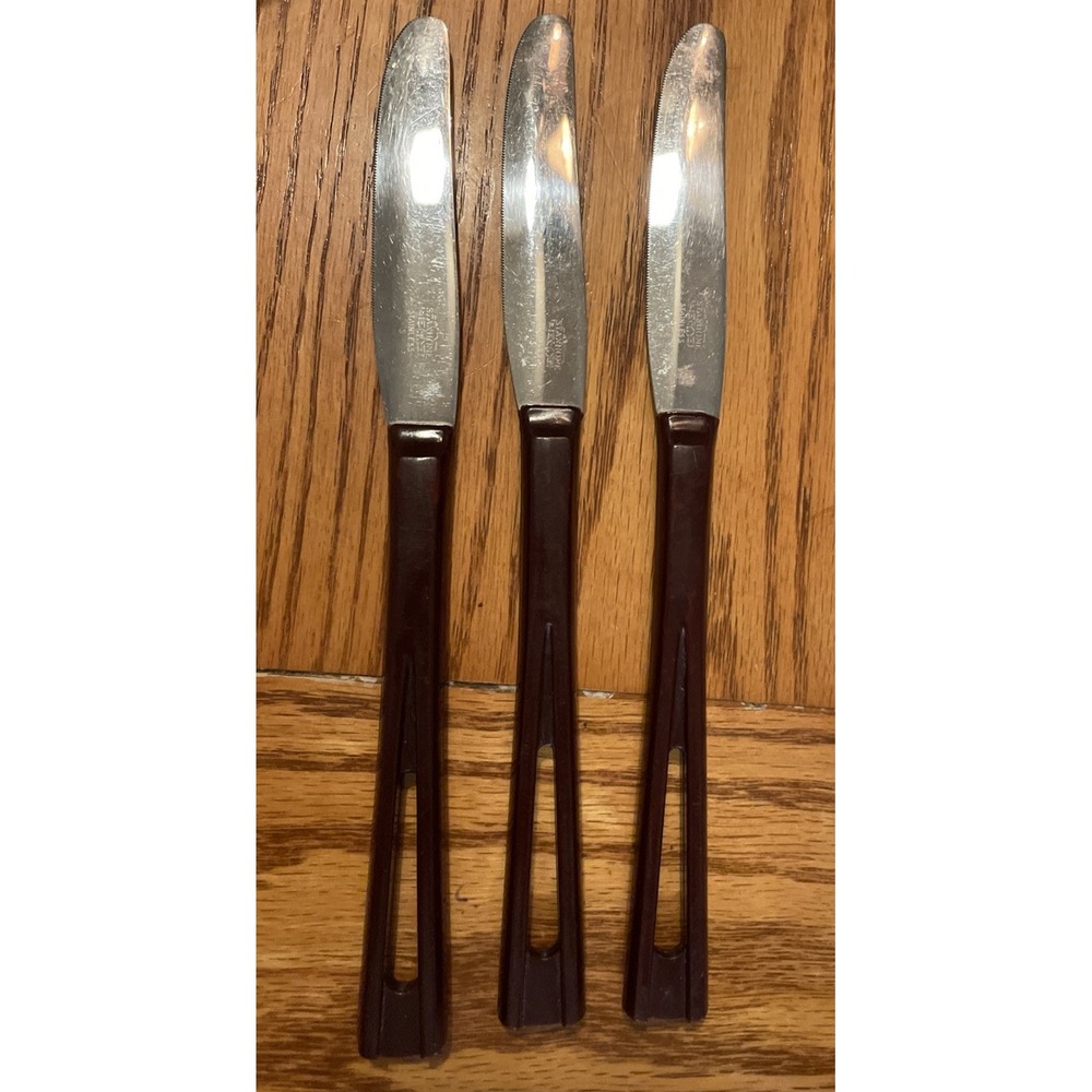 Lot Of 3 MCM Stanhome Stainless Steel Brown Bakelite Handles Knives Vintage